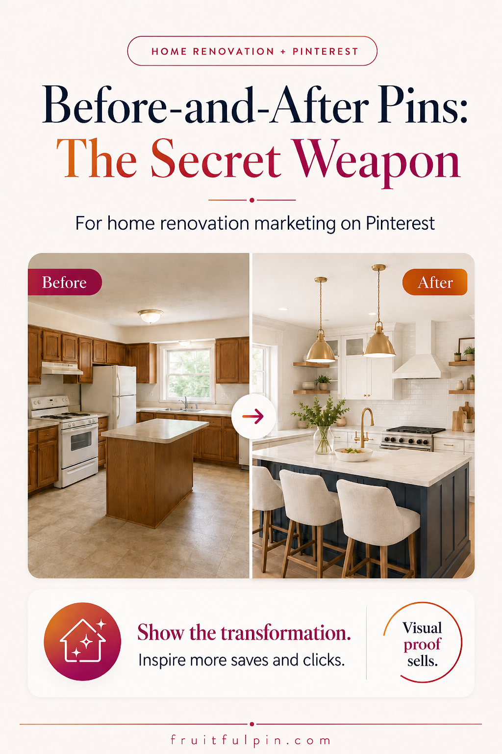 Fruitful Pin graphic showing before-and-after pins as a secret weapon for home renovation marketing