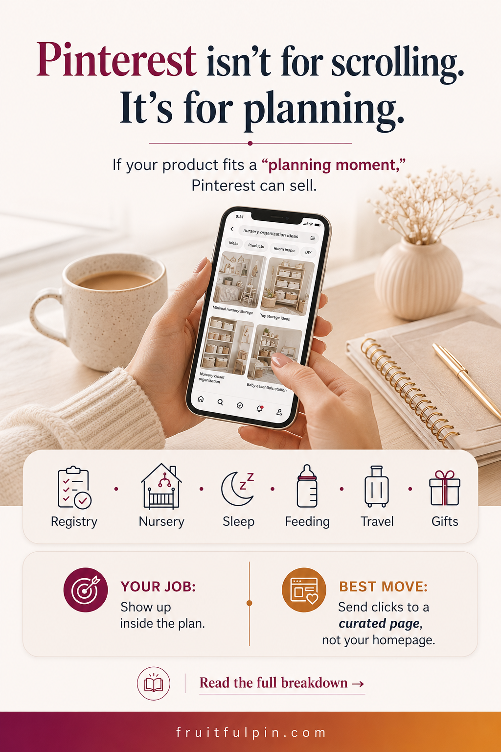Pinterest planning moments graphic showing search, product categories, and curated page next steps