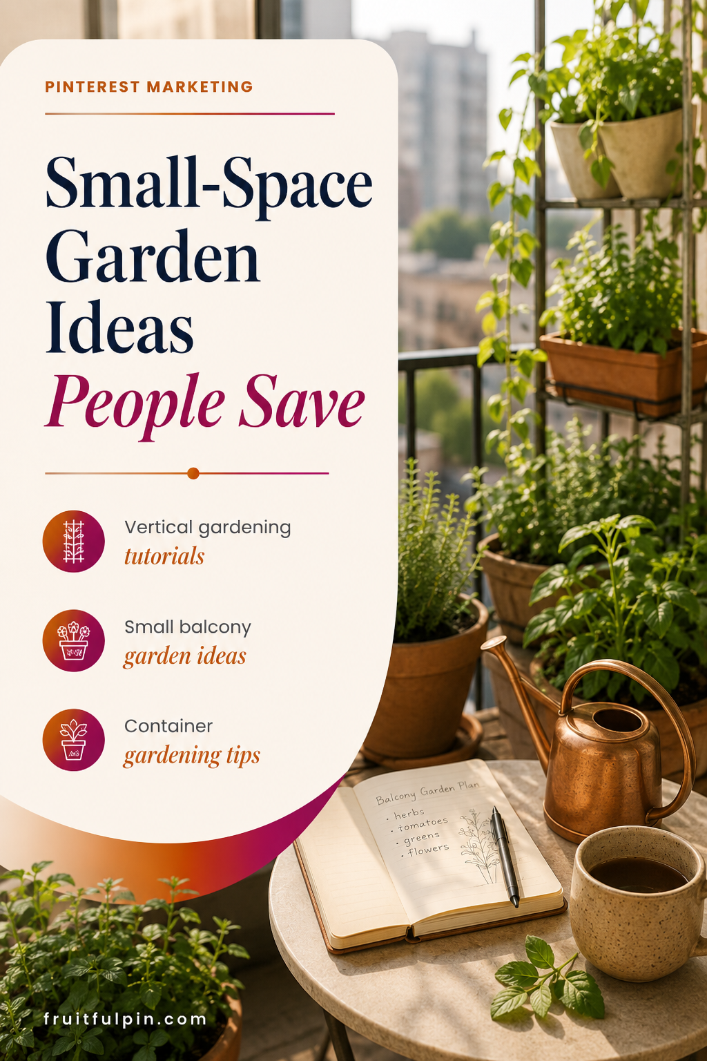 Fruitful Pin graphic showing small-space garden ideas for Pinterest