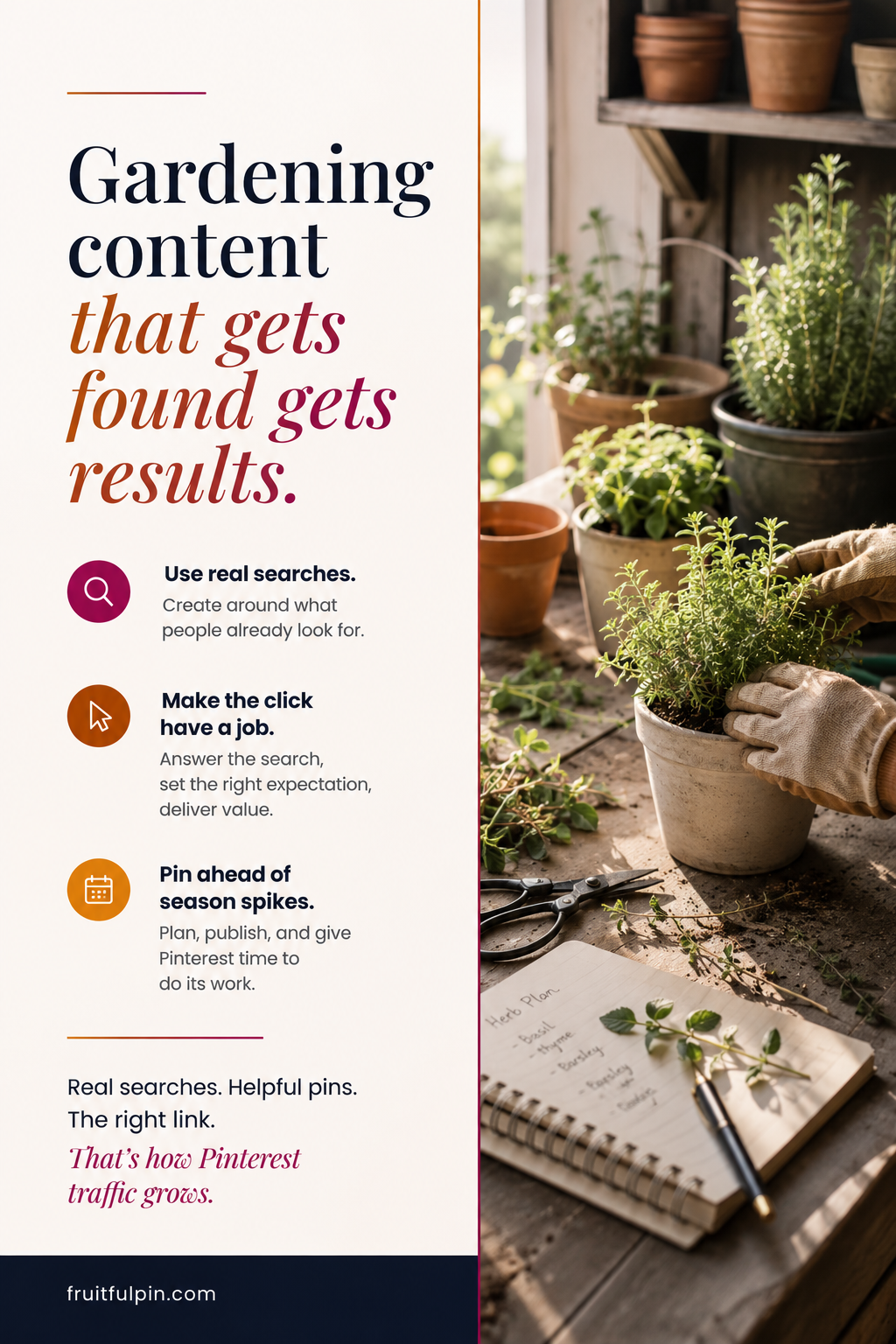 Fruitful Pin graphic explaining gardening content that gets found gets results